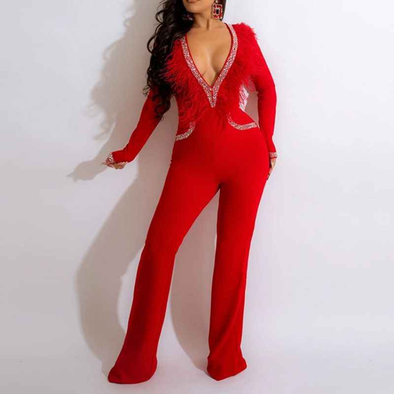 Fuld Længde Fjer Western Straight Slim Jumpsuit