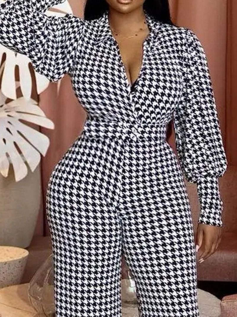 Fuld Længde Mode Houndstooth Slim Jumpsuit Med Høj Talje