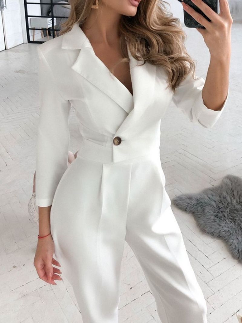 Fuld Længde Office Lady Plain Slim Mid Waist Blazer Jumpsuit