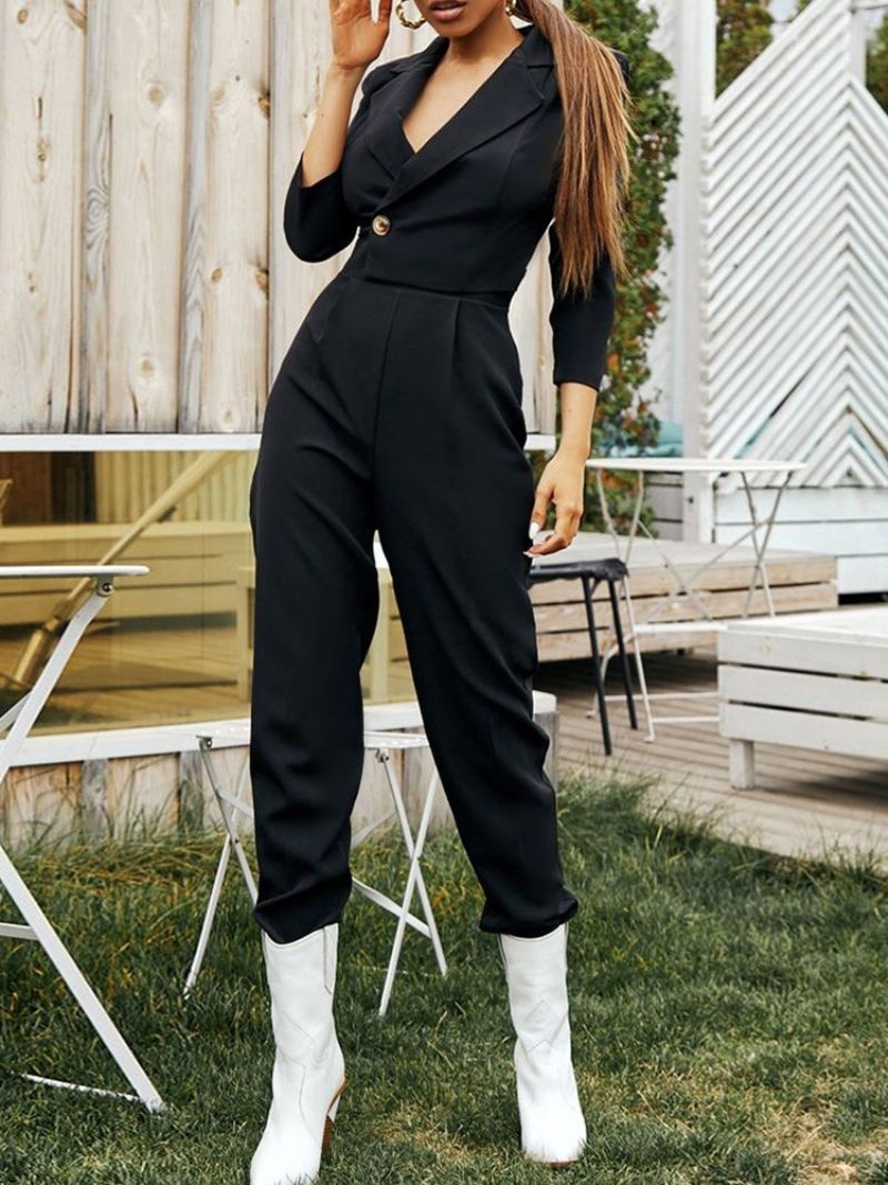 Fuld Længde Office Lady Plain Slim Mid Waist Blazer Jumpsuit