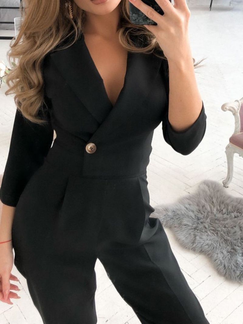 Fuld Længde Office Lady Plain Slim Mid Waist Blazer Jumpsuit