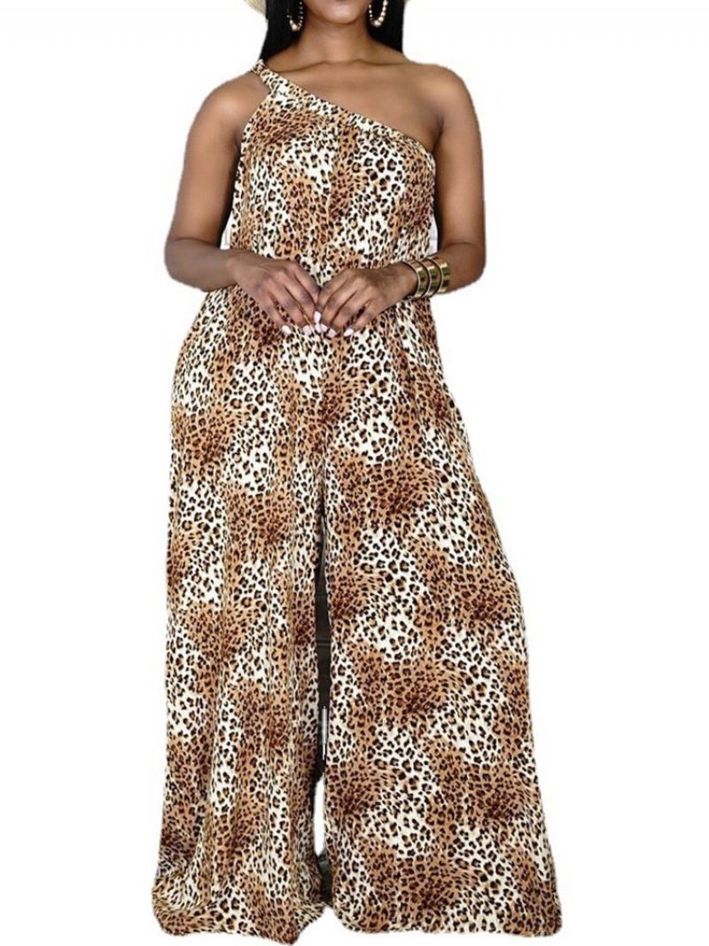 Leopard Casual Fuld Længde Løs Jumpsuit Med Brede Ben Til Kvinder