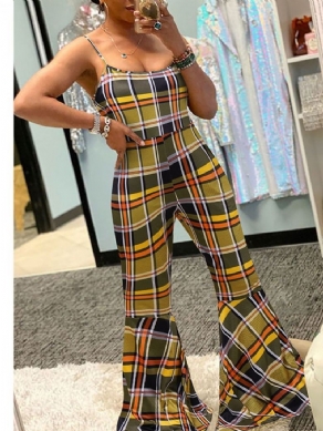 Plaid Mode Patchwork Bellbottoms Slim Jumpsuit Til Kvinder