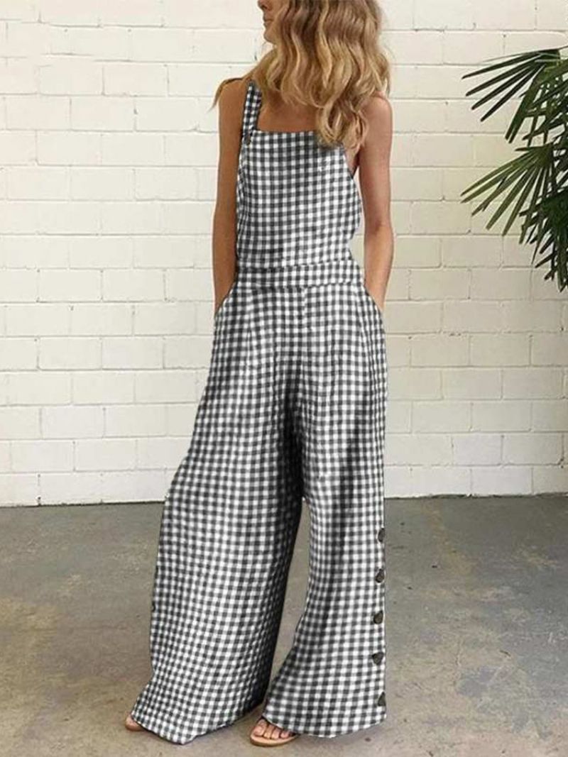 Pocket Plaid Dame Casual Slim Jumpsuit