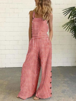 Pocket Plaid Dame Casual Slim Jumpsuit