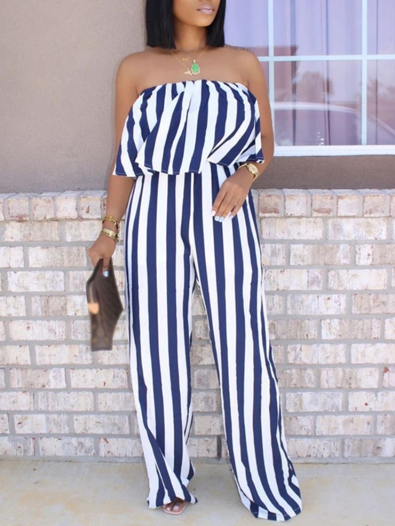 Print Fuld Længde Stripe Løs Lige Jumpsuit Til Kvinder