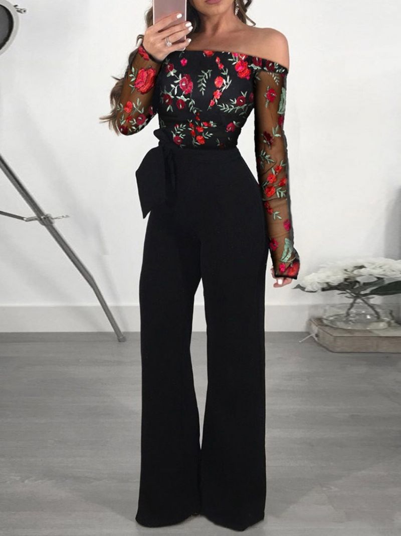 Snøre-Up Fuld Længde Floral Slim Mid Waist Jumpsuit