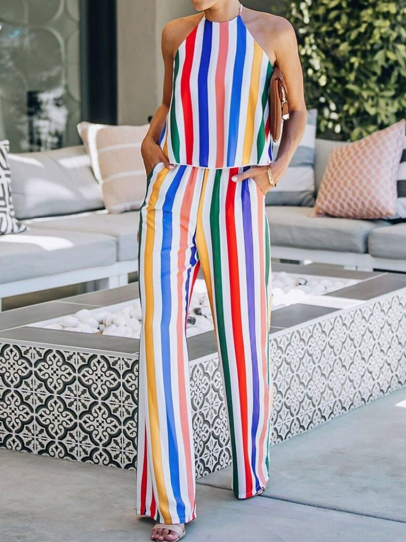 Stripe Ladylike Dame Jumpsuit I Fuld Længde Lige Midttalje