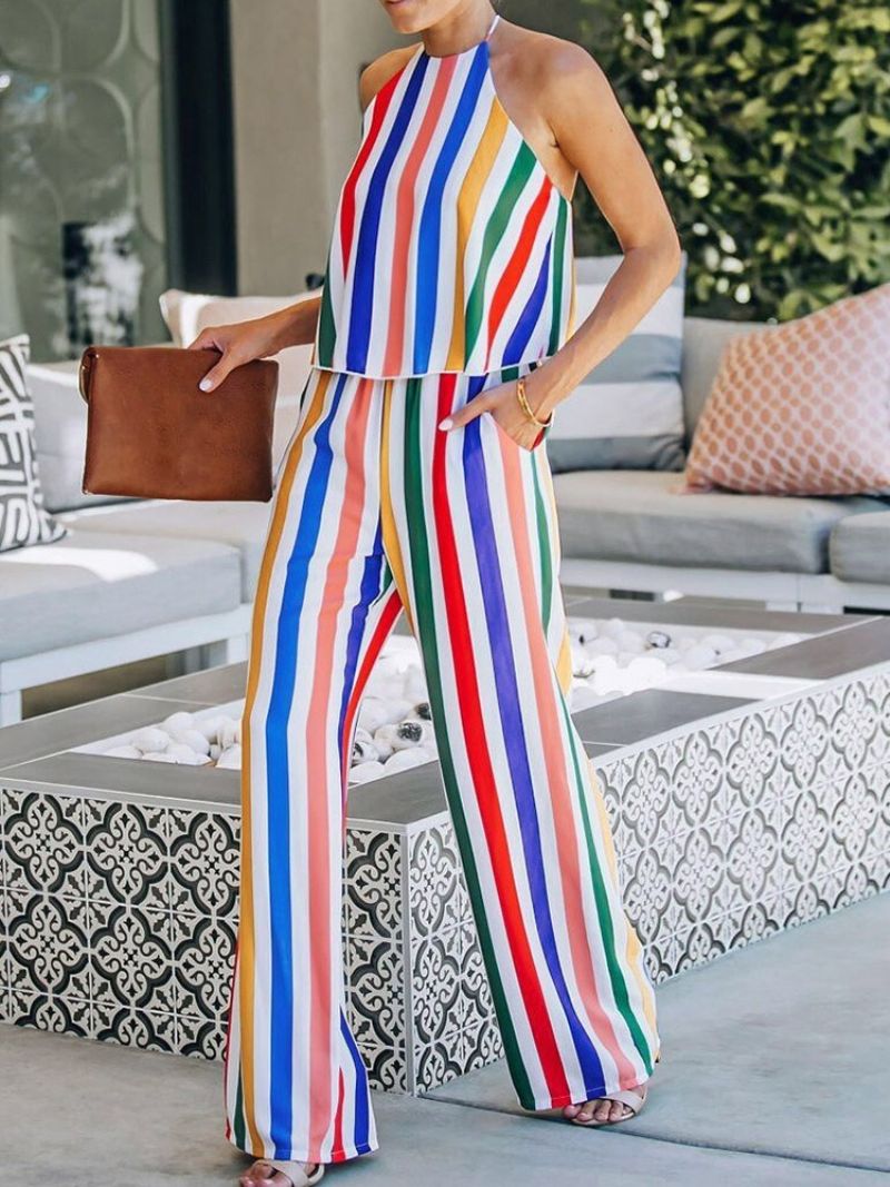 Stripe Ladylike Dame Jumpsuit I Fuld Længde Lige Midttalje