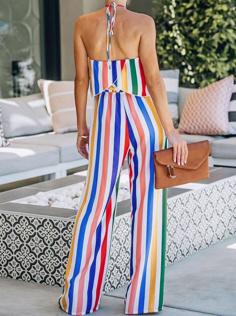 Stripe Ladylike Dame Jumpsuit I Fuld Længde Lige Midttalje