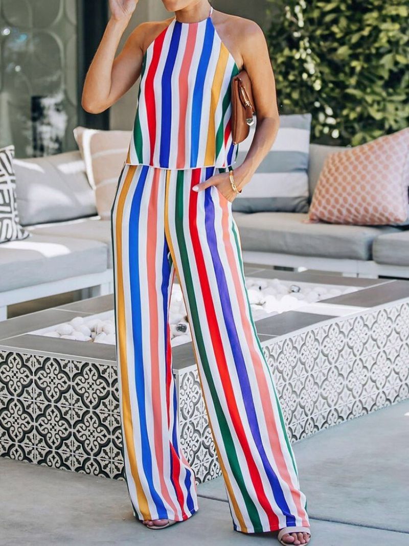 Stripe Ladylike Dame Jumpsuit I Fuld Længde Lige Midttalje