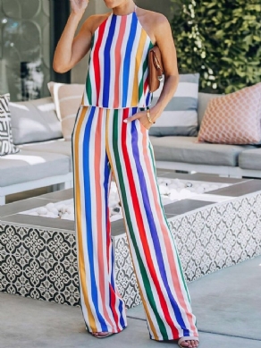 Stripe Ladylike Dame Jumpsuit I Fuld Længde Lige Midttalje