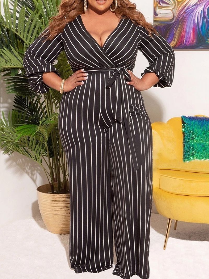 Western Stripe Print Lige Høj Talje Jumpsuit I Plus Størrelse