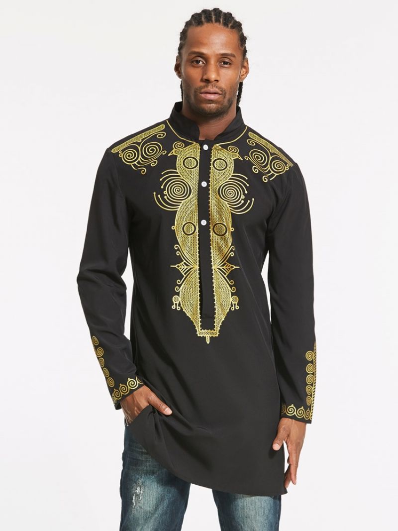 Afrikansk Mode Dashiki Blomsterprint Enkeltradet Slim Herreskjorte