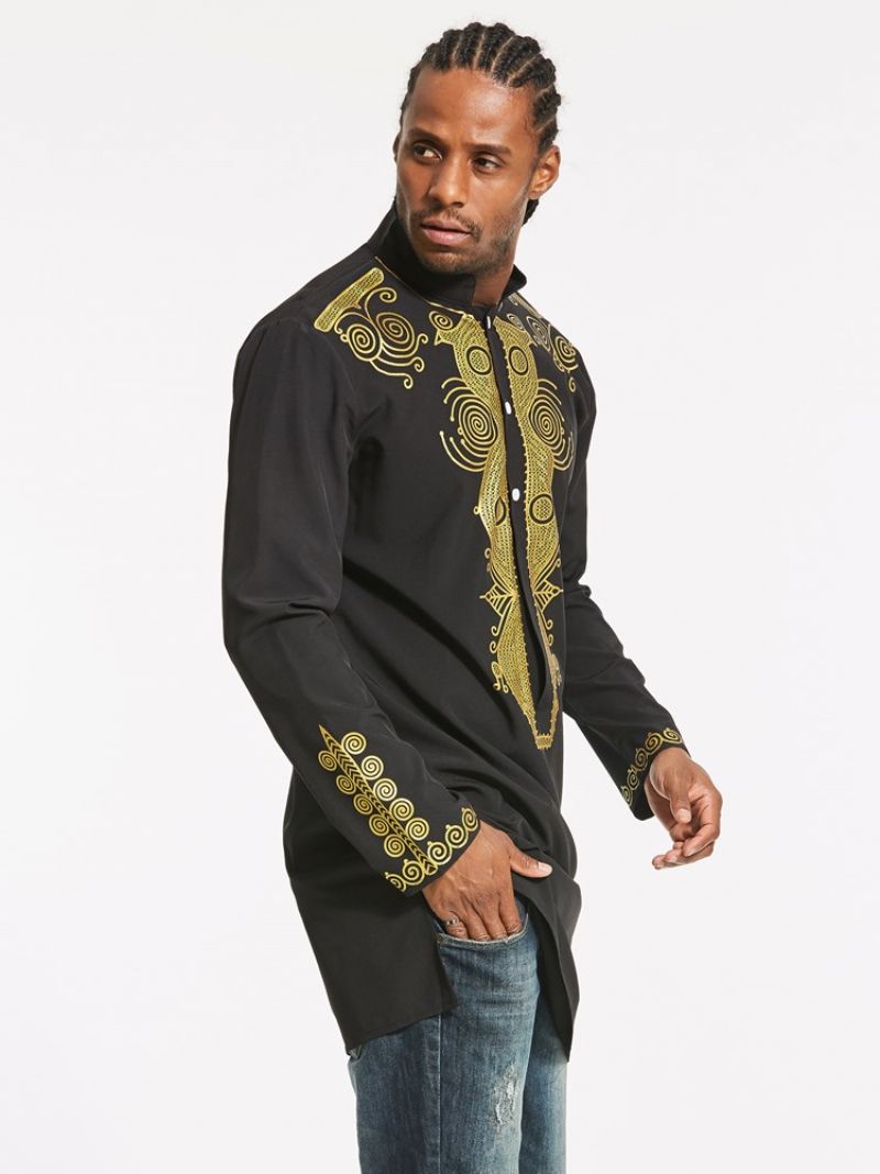 Afrikansk Mode Dashiki Blomsterprint Enkeltradet Slim Herreskjorte