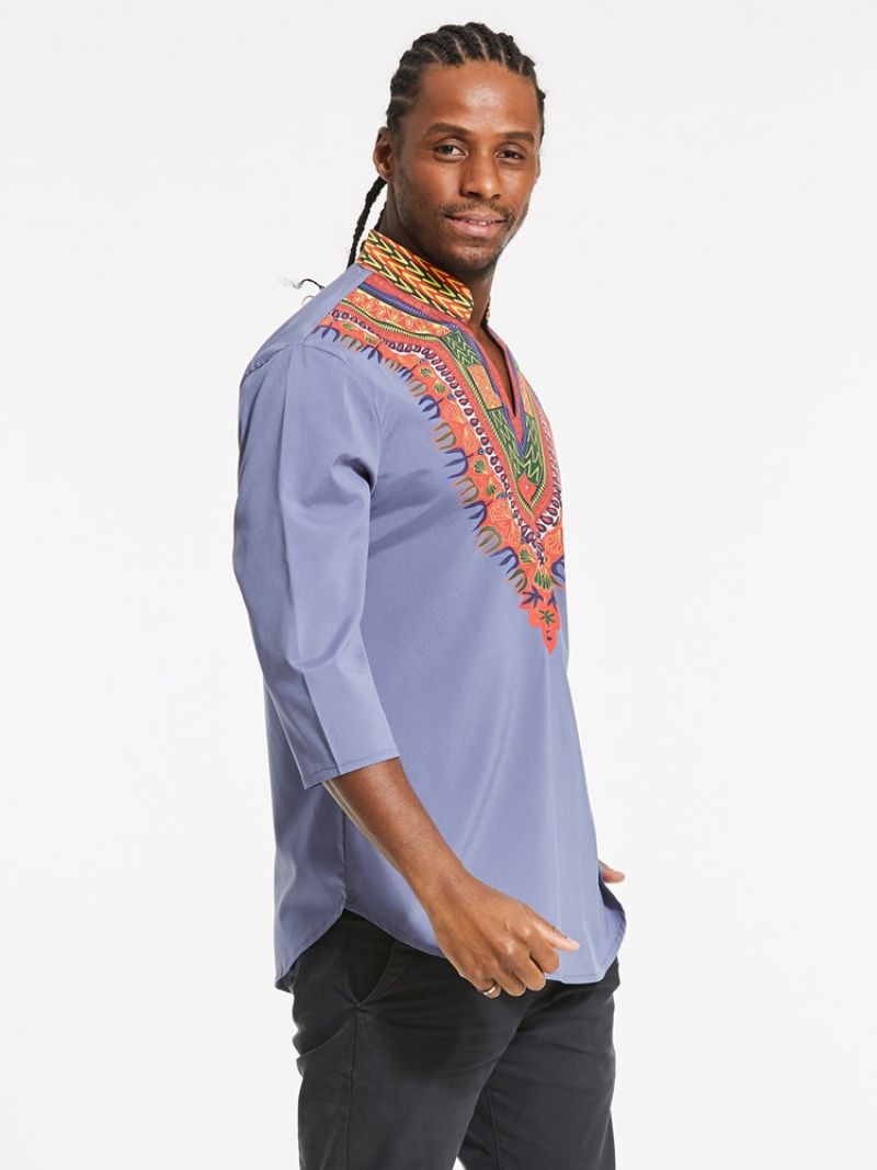 Afrikansk Mode Dashiki Print Farveblok V-Hals Slank Mænds T-Shirt