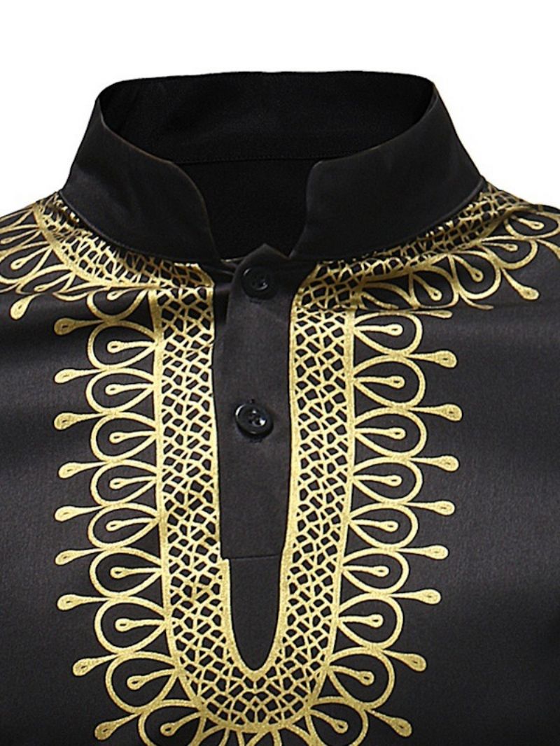 Afrikansk Mode Gylden Sort Dashiki Print Stand Collar Herreskjorter