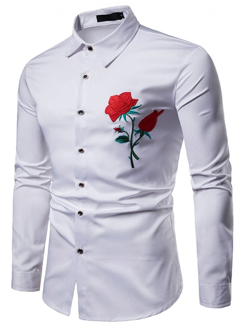 Blomstertrykt Slim Button Up Lapel Mænds Casual Kjole skjorter