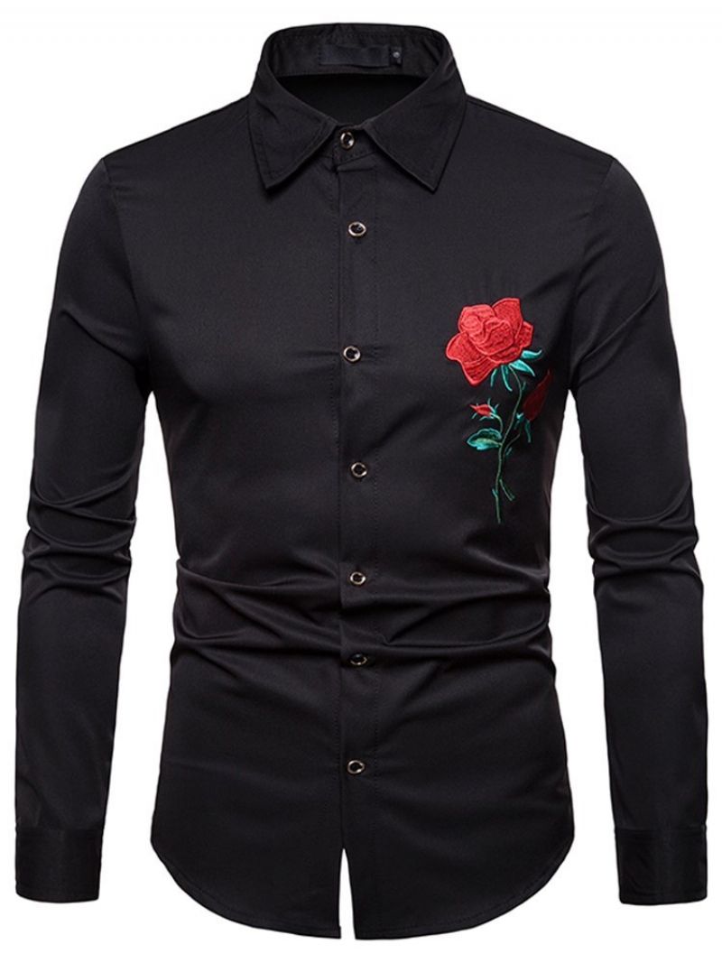 Blomstertrykt Slim Button Up Lapel Mænds Casual Kjole skjorter