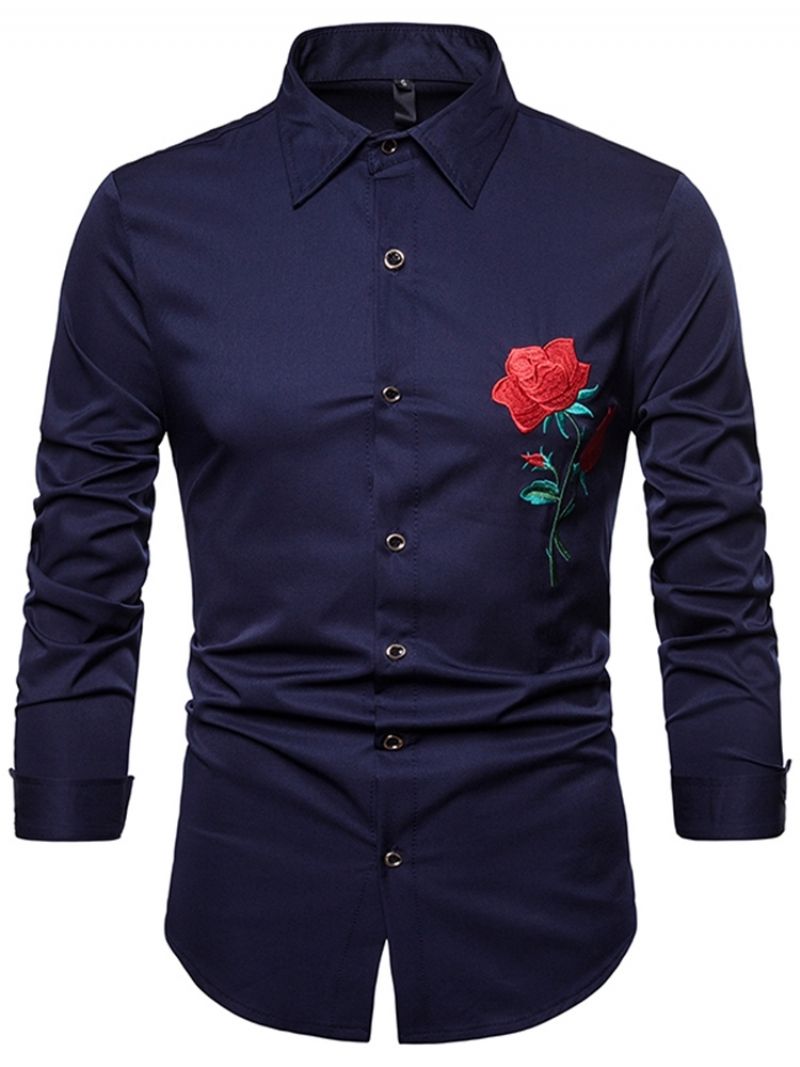 Blomstertrykt Slim Button Up Lapel Mænds Casual Kjole skjorter