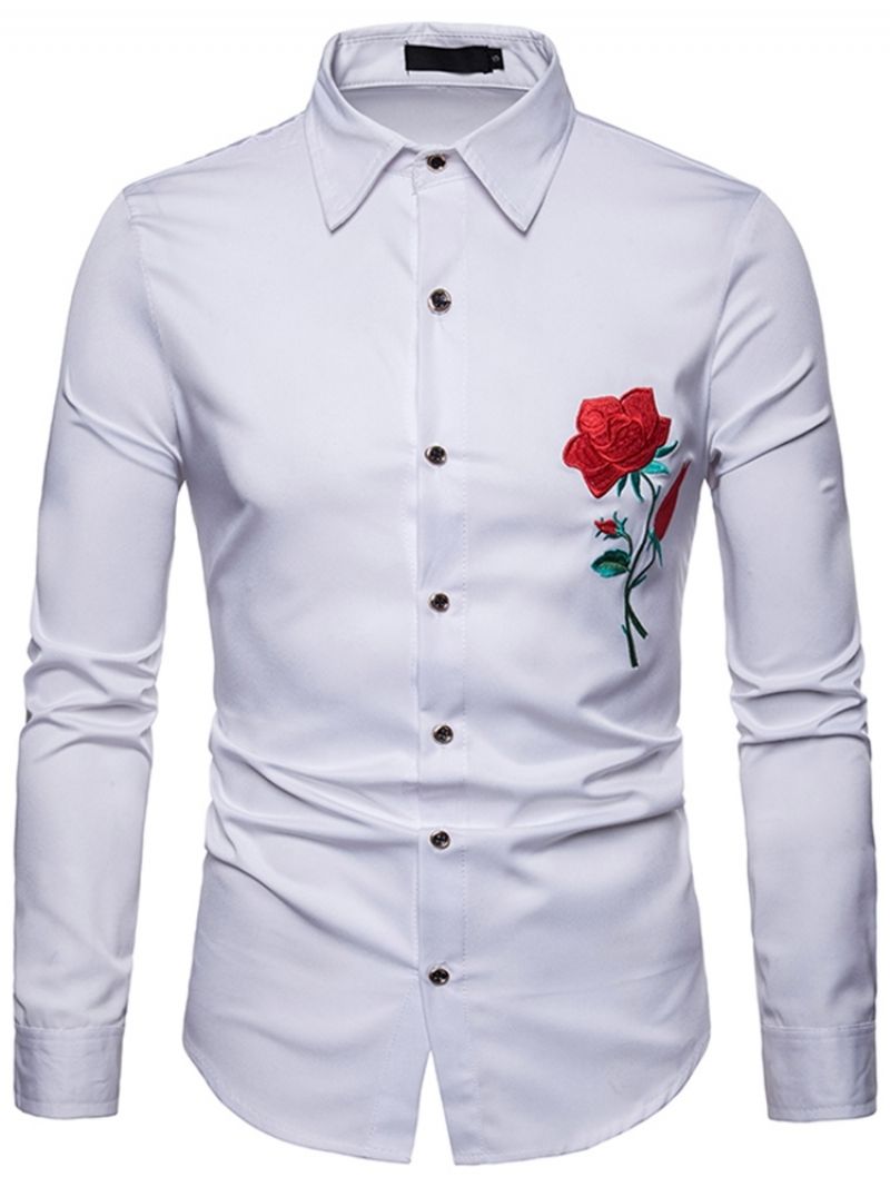 Blomstertrykt Slim Button Up Lapel Mænds Casual Kjole skjorter