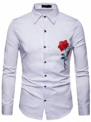 Blomstertrykt Slim Button Up Lapel Mænds Casual Kjole skjorter