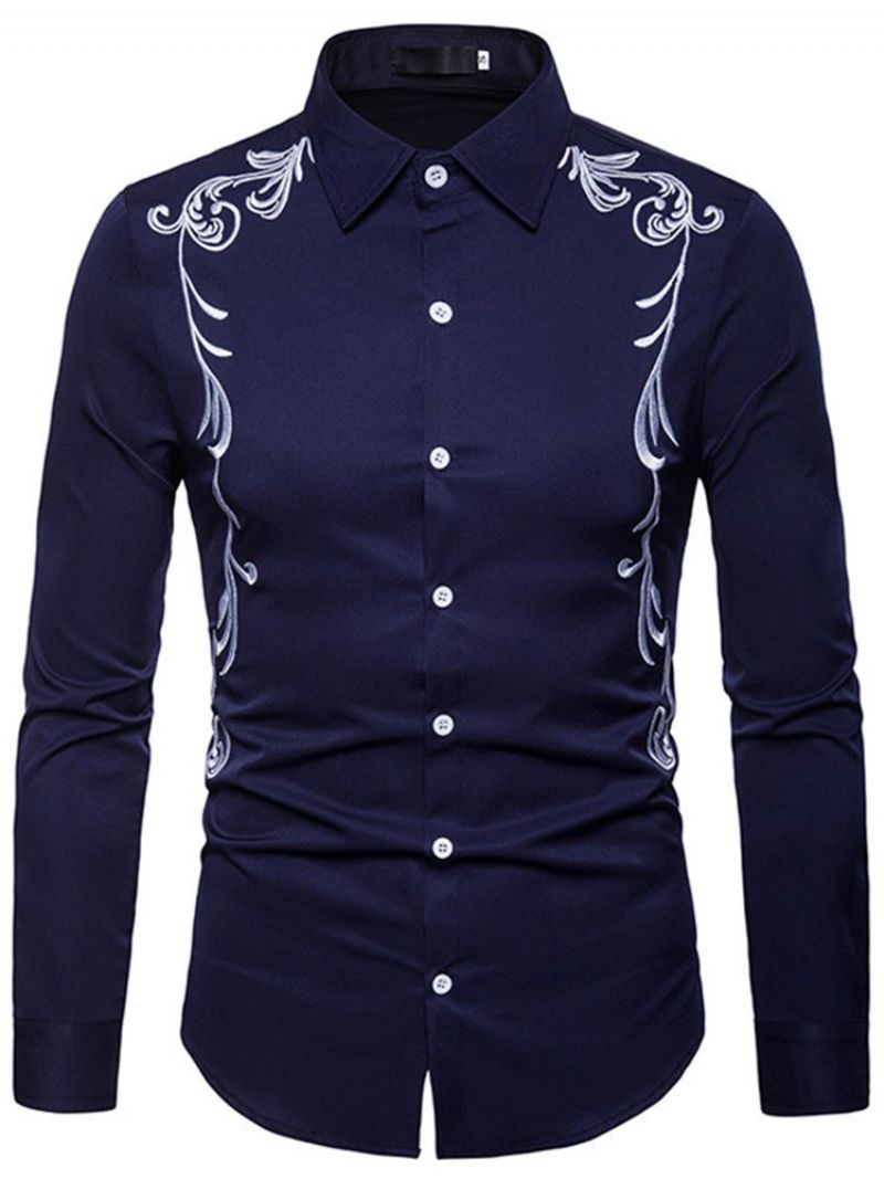 Broderitrykt Slim Button Up Mænds Fritidsskjorter