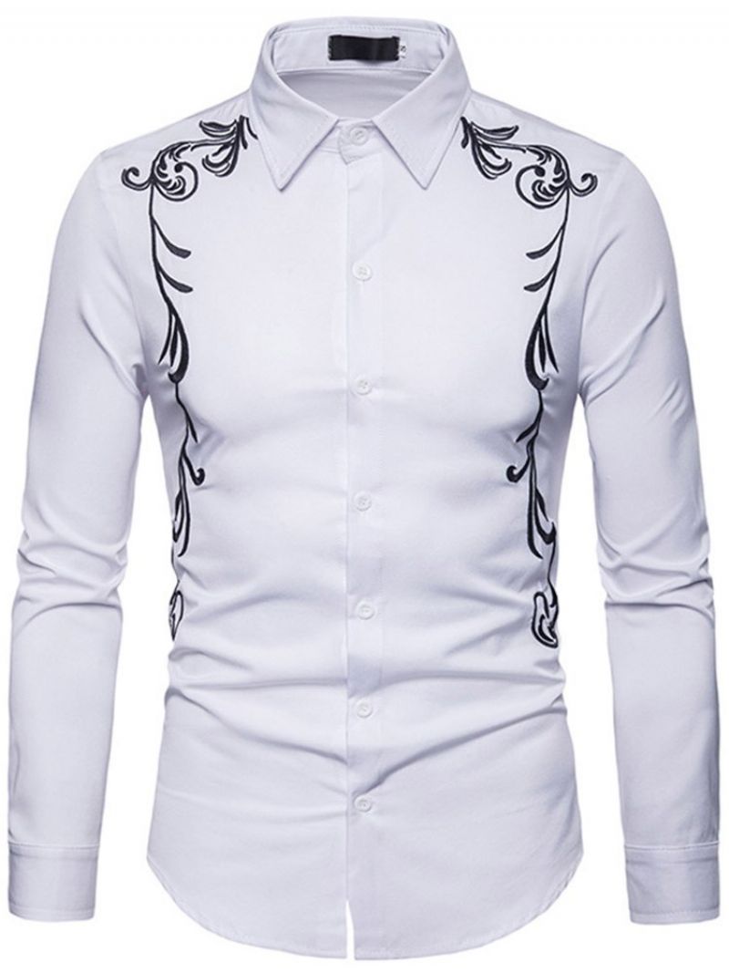 Broderitrykt Slim Button Up Mænds Fritidsskjorter