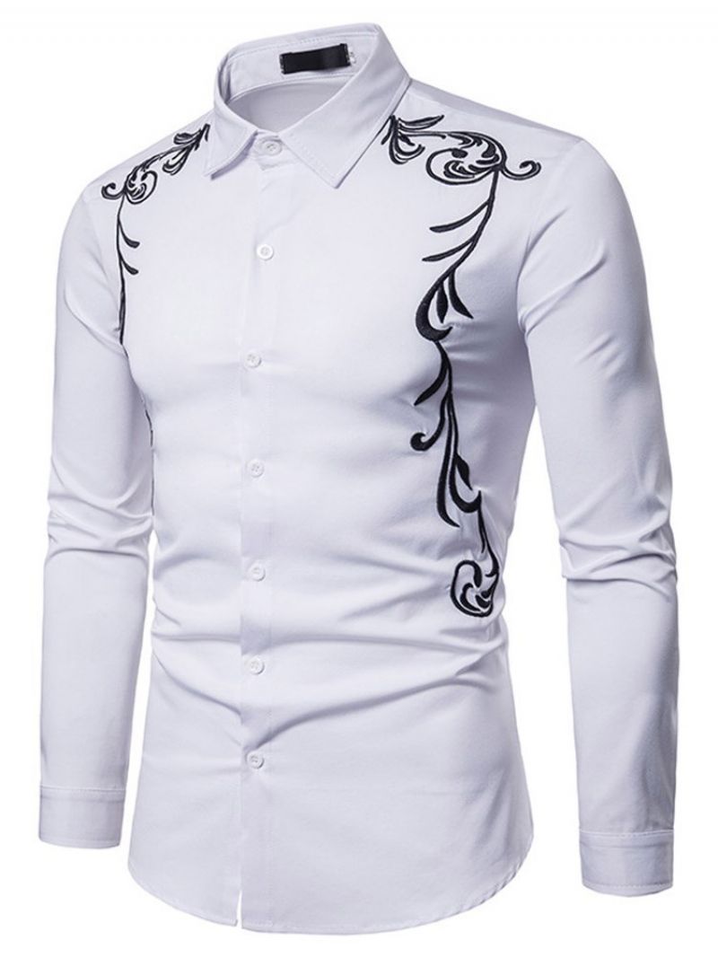 Broderitrykt Slim Button Up Mænds Fritidsskjorter