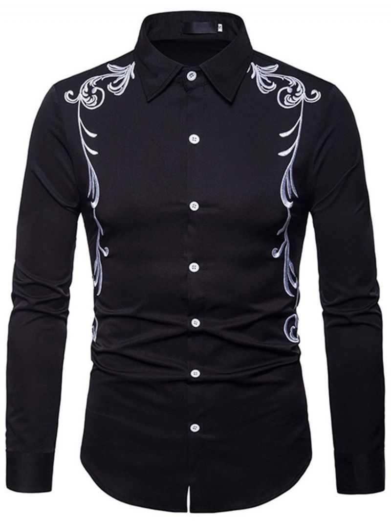 Broderitrykt Slim Button Up Mænds Fritidsskjorter