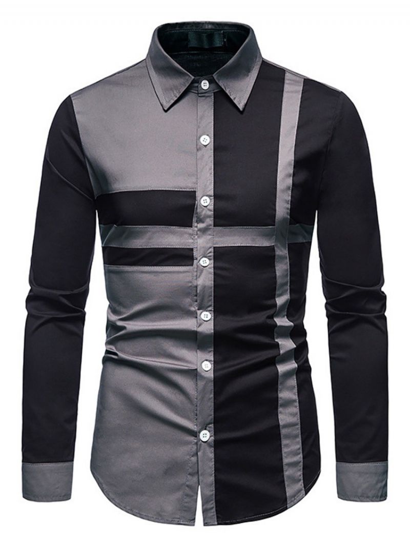 Casual Color Block Lapel Slim Single-Breasted Skjorte