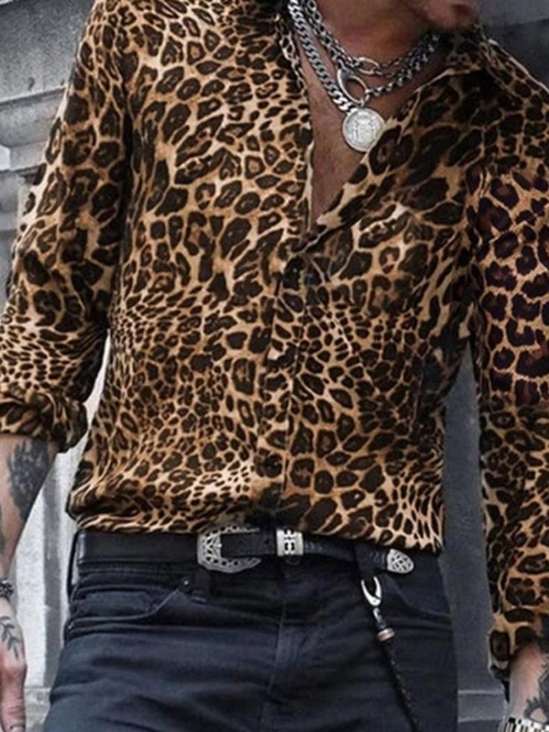 Casual Lapel Leopard Slim Shirt Til Mænd