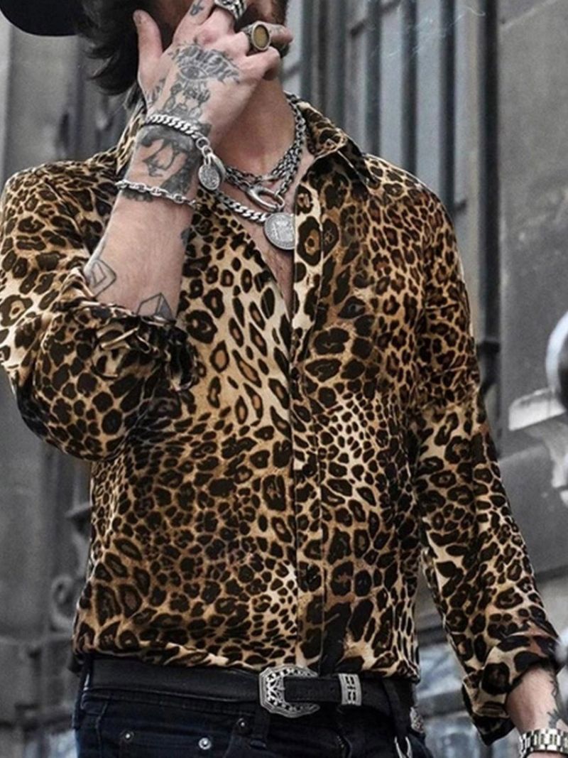 Casual Lapel Leopard Slim Shirt Til Mænd