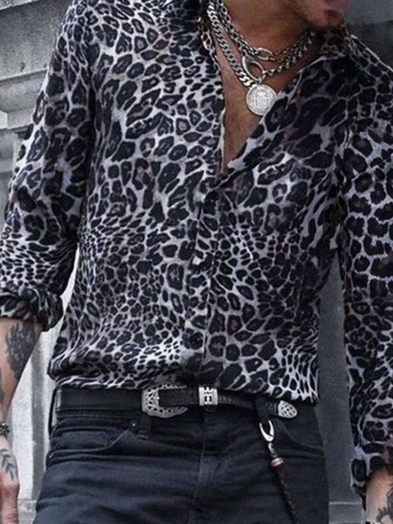 Casual Lapel Leopard Slim Shirt Til Mænd