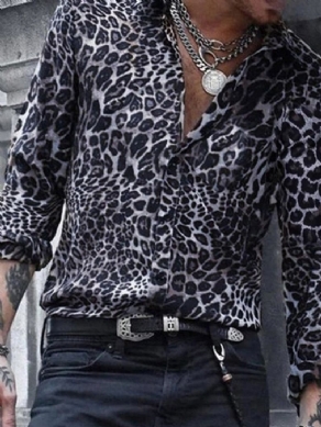 Casual Lapel Leopard Slim Shirt Til Mænd