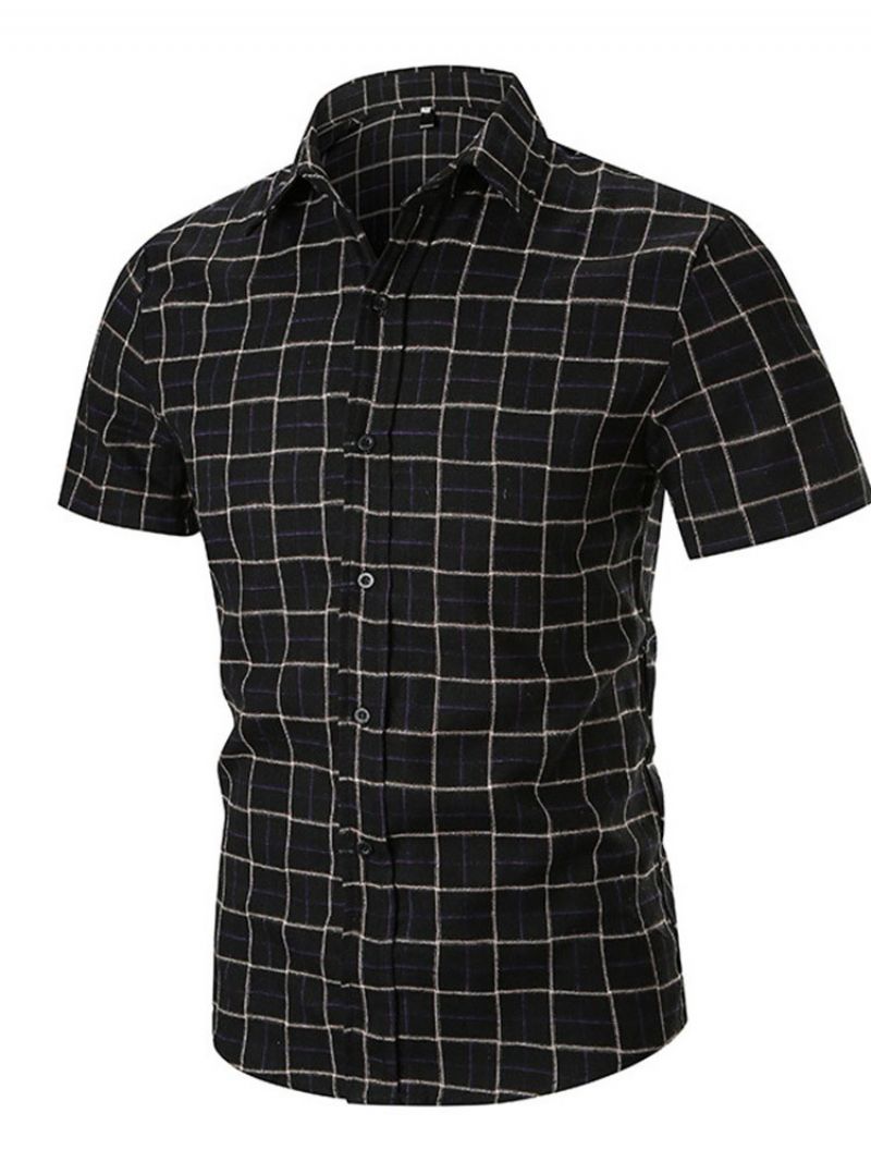 Casual Print Plaid Single-Breasted Slim Herreskjorte