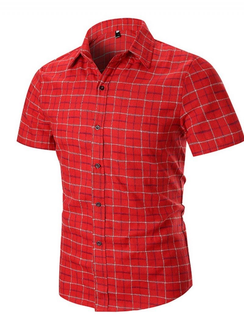 Casual Print Plaid Single-Breasted Slim Herreskjorte