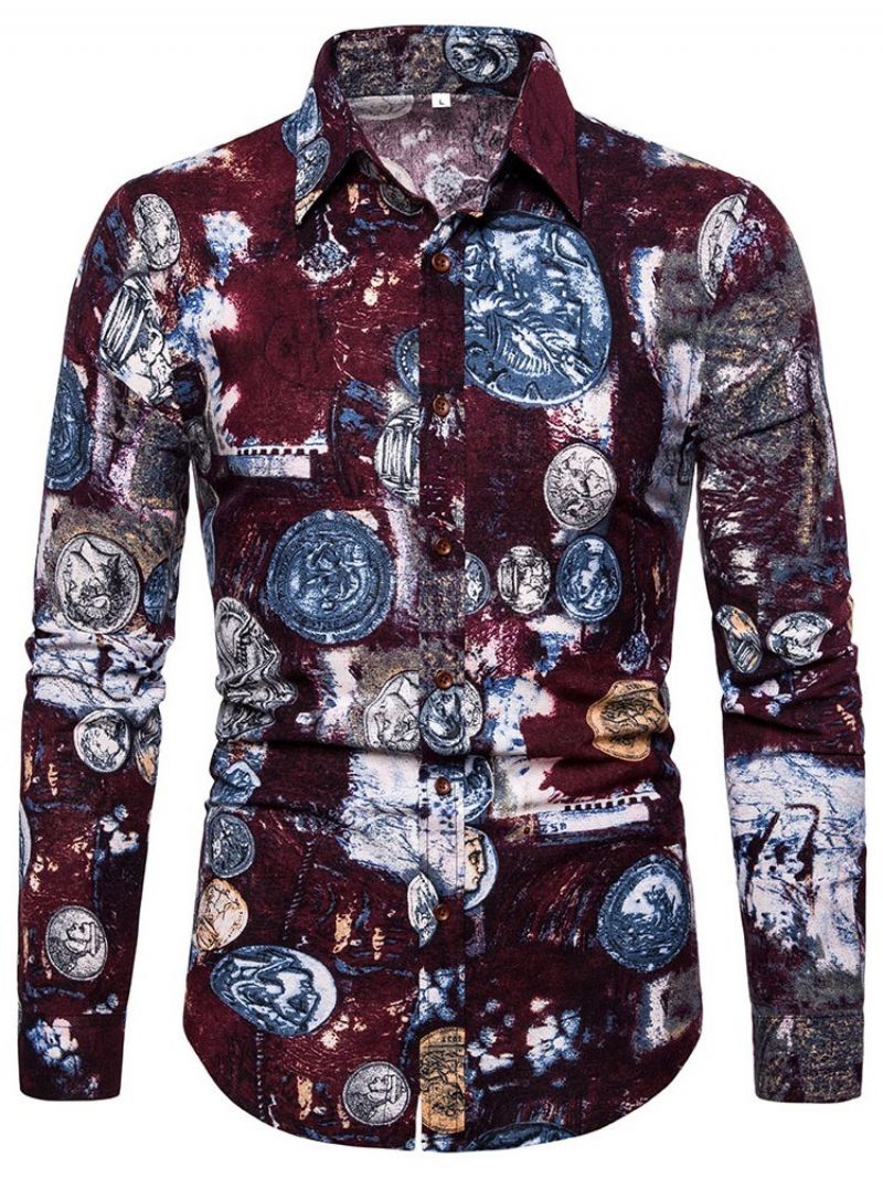 European Print Revers Slim Spring Shirt Til Mænd