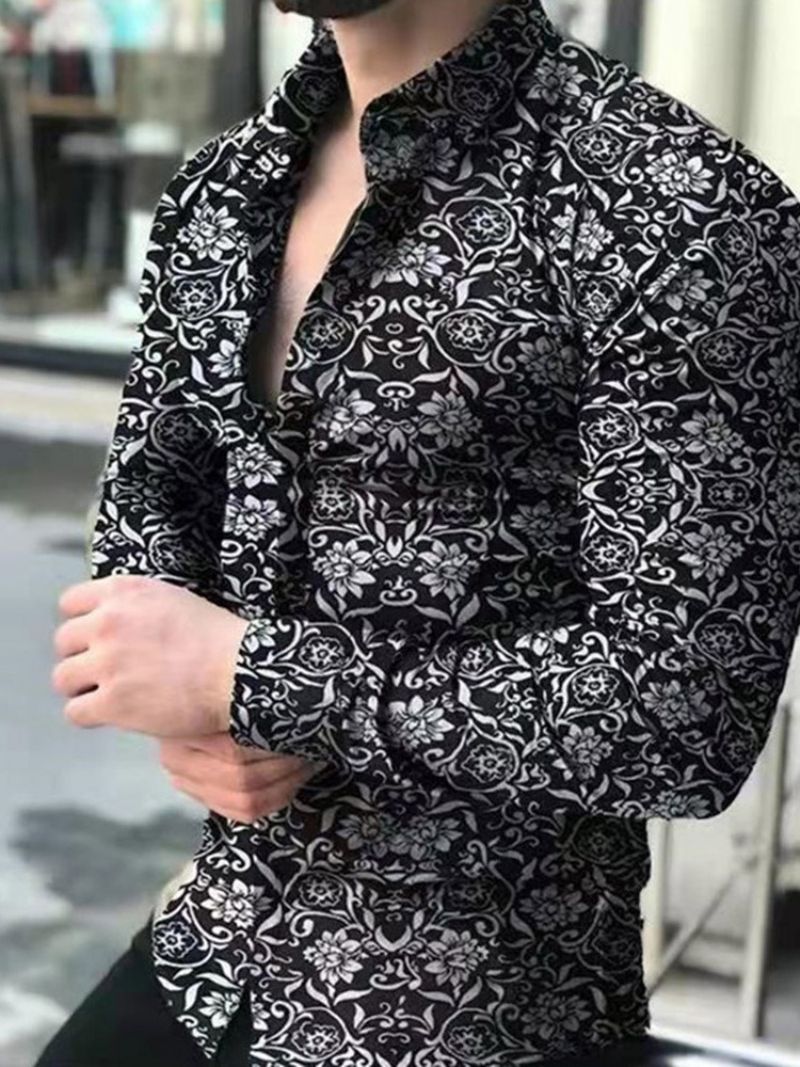 Floral Casual Lapel Single-Breasted Slim Shirt Til Mænd