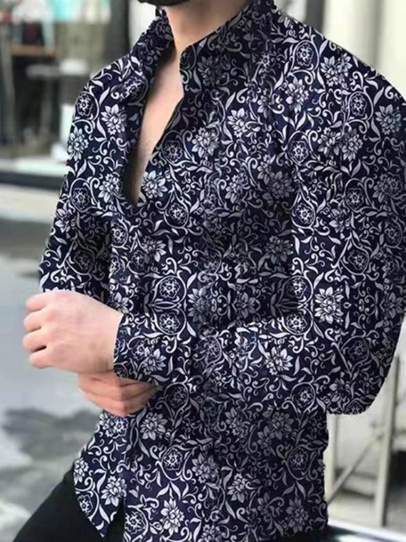 Floral Casual Lapel Single-Breasted Slim Shirt Til Mænd