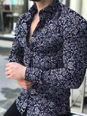 Floral Casual Lapel Single-Breasted Slim Shirt Til Mænd