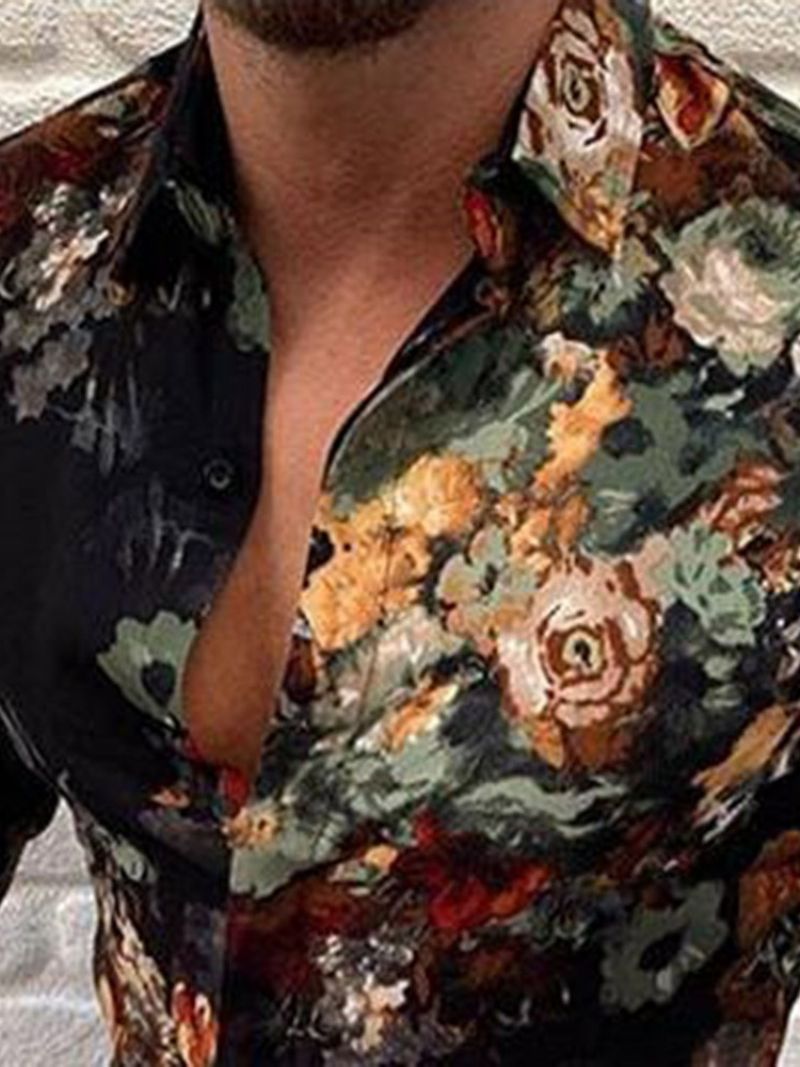 Floral Lapel Mode Single-Breasted Slim Shirt Til Mænd