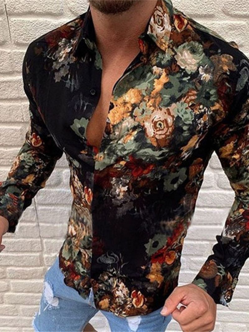 Floral Lapel Mode Single-Breasted Slim Shirt Til Mænd