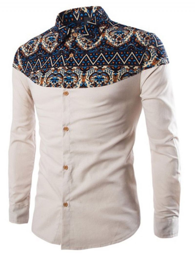 Lapel Casual Patchwork Slim Shirt Til Mænd