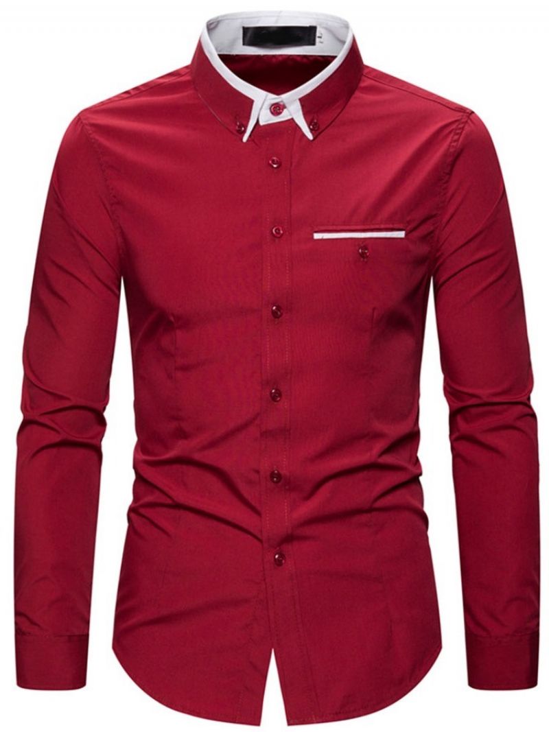 Lapel Color Block Single-Breasted Slim Shirt Til Mænd