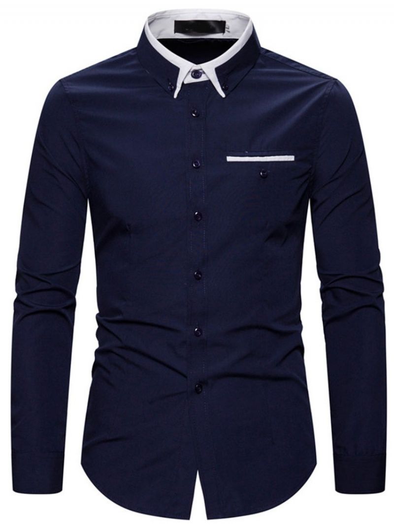 Lapel Color Block Single-Breasted Slim Shirt Til Mænd