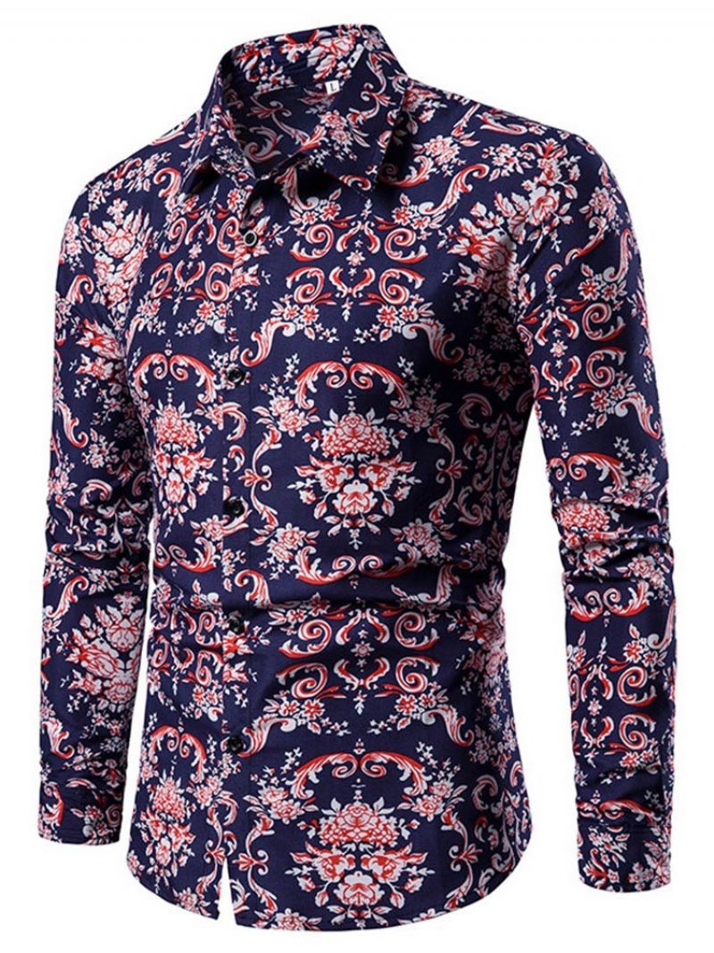 Lapel European Print Slim Shirt Til Mænd