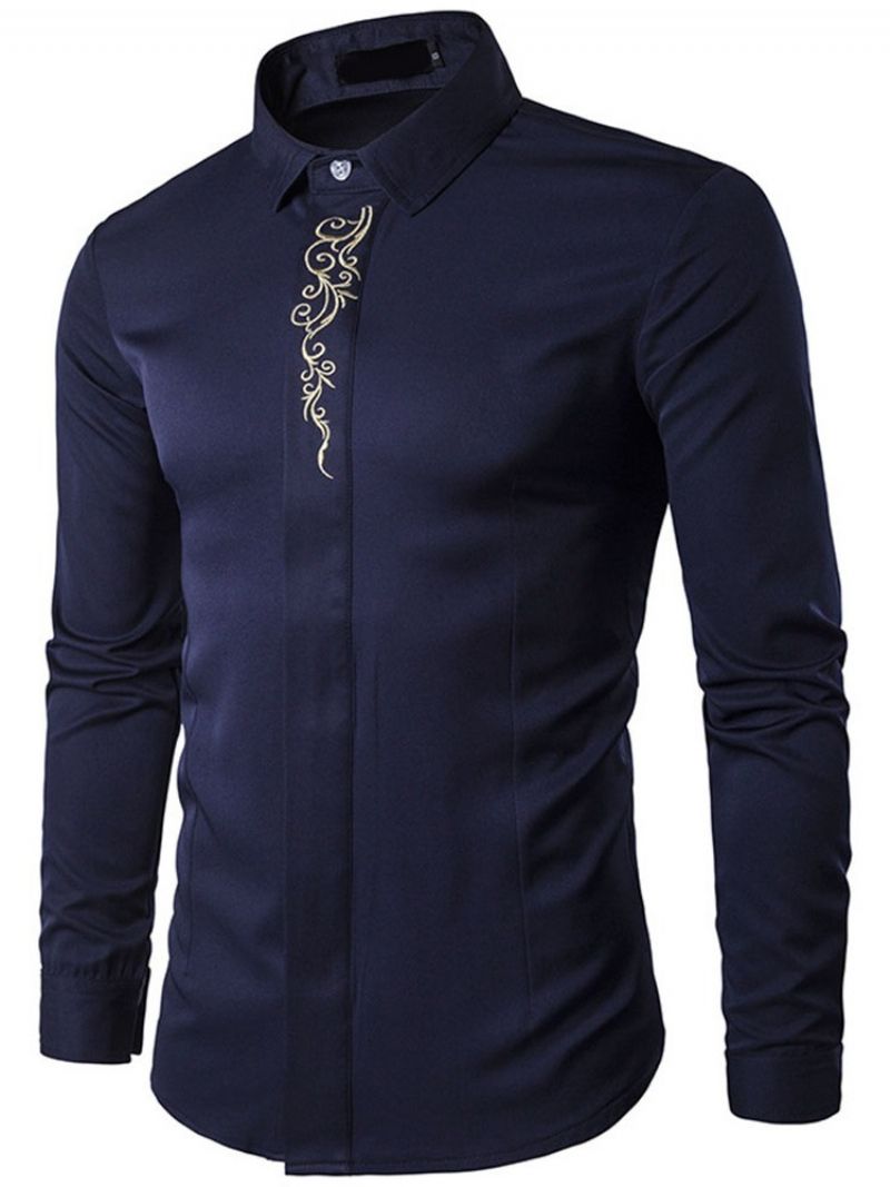 Lapel Floral Brodery Slim Spring Shirt Til Mænd