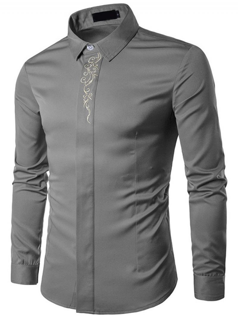 Lapel Floral Brodery Slim Spring Shirt Til Mænd