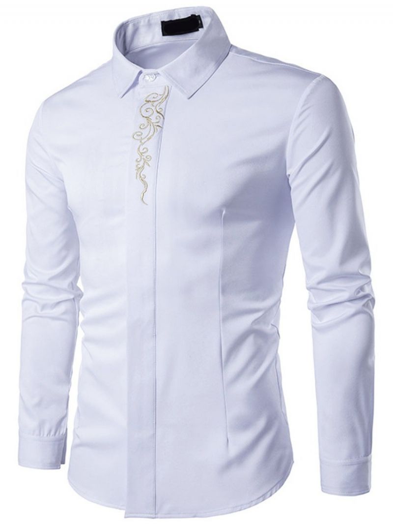 Lapel Floral Brodery Slim Spring Shirt Til Mænd